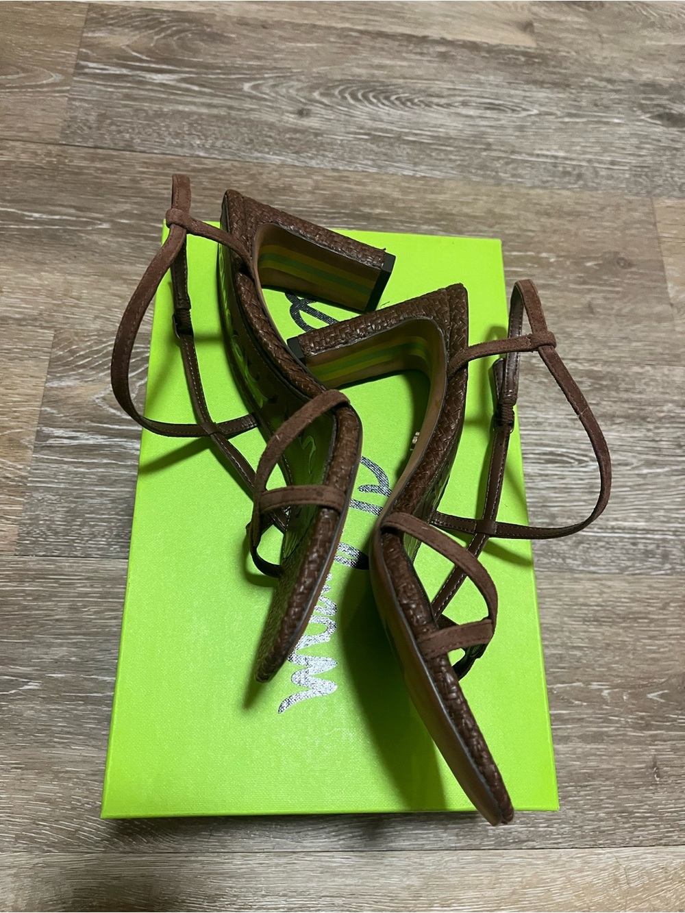 Sam Edelman Brown Leather Woven Strappy Thin Block Heel Sandals - Picture 3 of 4